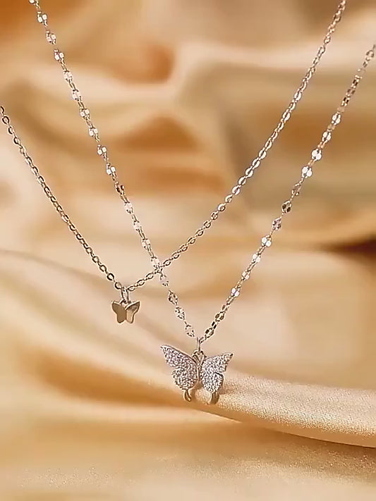 Double Layer Clavicle Chain Necklace Jewelry Zircon Butterfly Pendant Necklace (Gold)